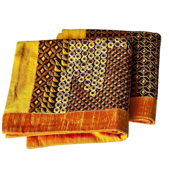 Handcrafted Shrujan Raw Silk Embroidered Cushion Covers 16"x16" Gold Pair NWT - Picture 11 of 16